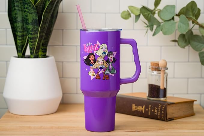 Silver Buffalo Bratz Featuring Cloe, Yasmin, Jade, and Sasha Double Walled Stainless Steel Tumbler with Handle and Straw, Fits in Standard Cup Holder, 40 Ounces