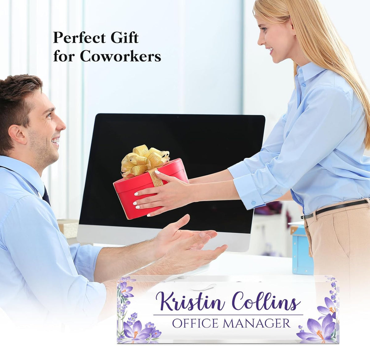 Custom Name Plate for Desk, Acrylic Office Decor For Women Men, Personalized Office Desk Accessories, Teacher Employee Appreciation Gifts For Social Worker Boss Coworkers (Purple Flower-1)