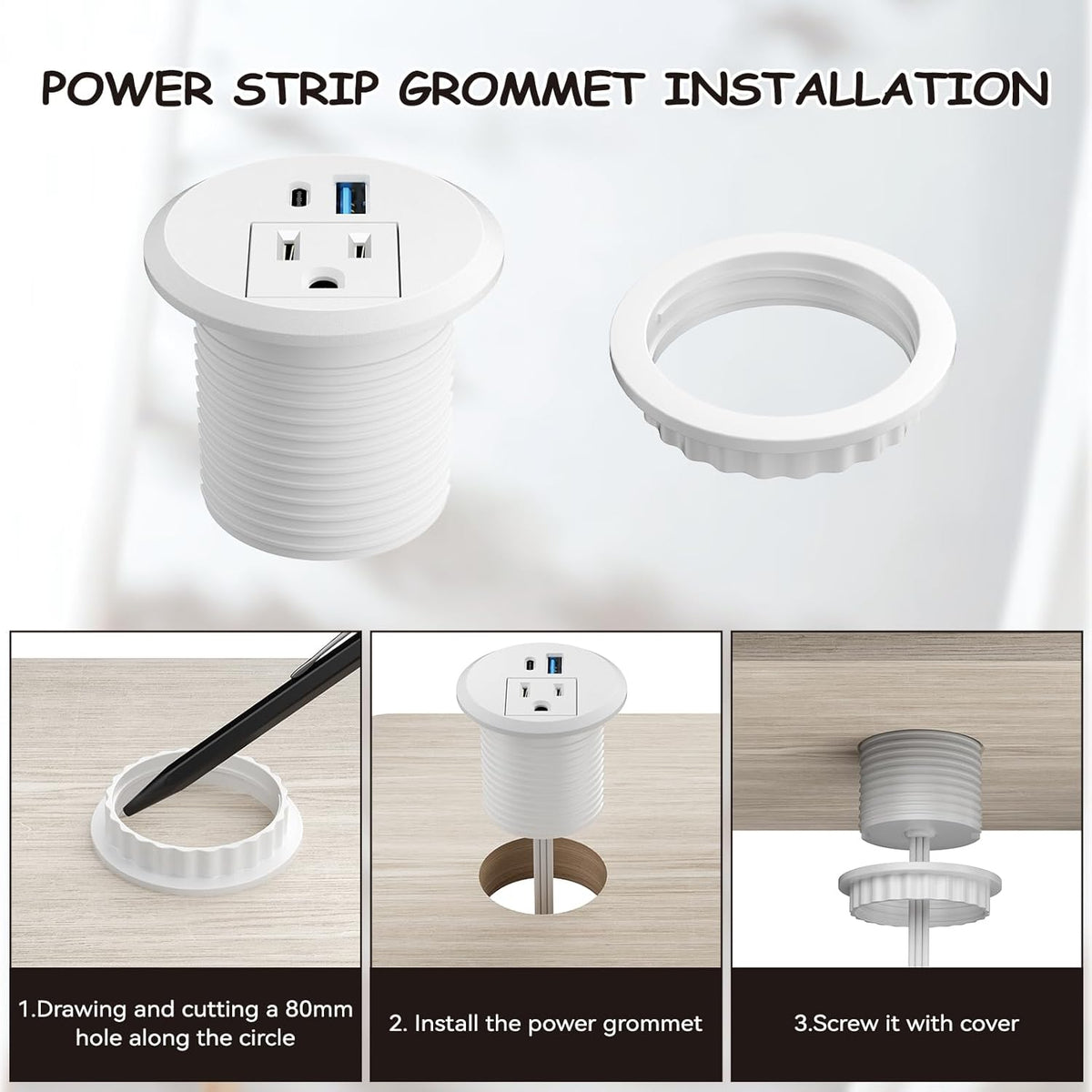 XBA 2inch Desktop Power Grommet, Recessed Power Strip with PD 20W USB C, AC Outlet and 18W USB A Charging Port, Hidden Desk Power Outlets with 6FT Extension Cords for Office, Home, Conference(White)