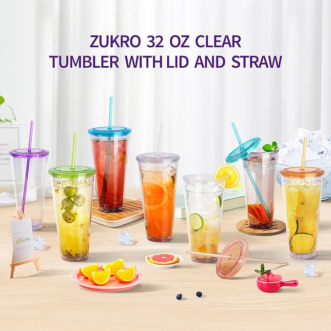 Zukro Clear Acrylic Tumbler with Straw and Lid 32 oz, Double Walled Insulated Reusable Plastic Iced Coffee Cup, To Go Cup Perfect for Home, Office, Fit in Cupholder, BPA Free, 4 Pack