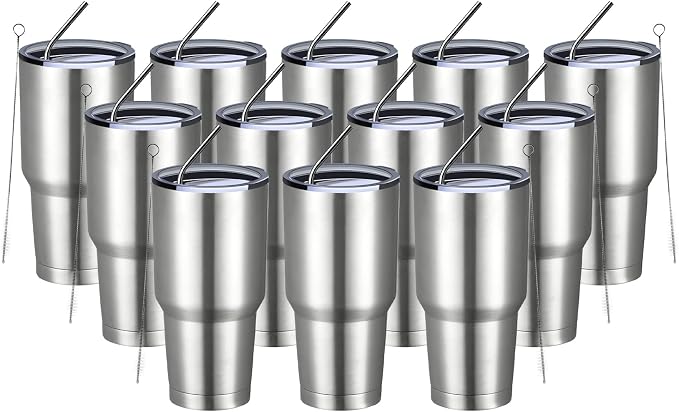 MEWAY 30oz Insulated Tumbler With Lids and Straws,Stainless Steel Double Vacuum Coffee Tumbler Cup, Brush, Durable Powder Coated Coffee Cup for Cold & Hot Drinks, Office, Travel(Silver,12 PACK)