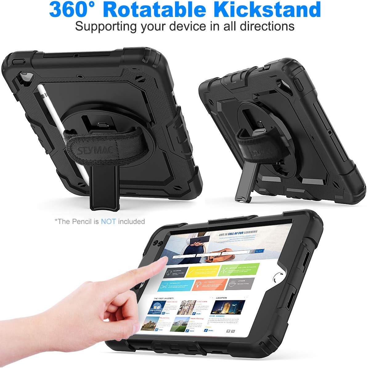 SEYMAC stock Case for iPad mini 5/4 with Screen Protector Pencil Holder [360 Rotating Hand Strap] & Stand, Drop-Proof Case for iPad mini 5th/4th Generation 7.9 inch (Black)