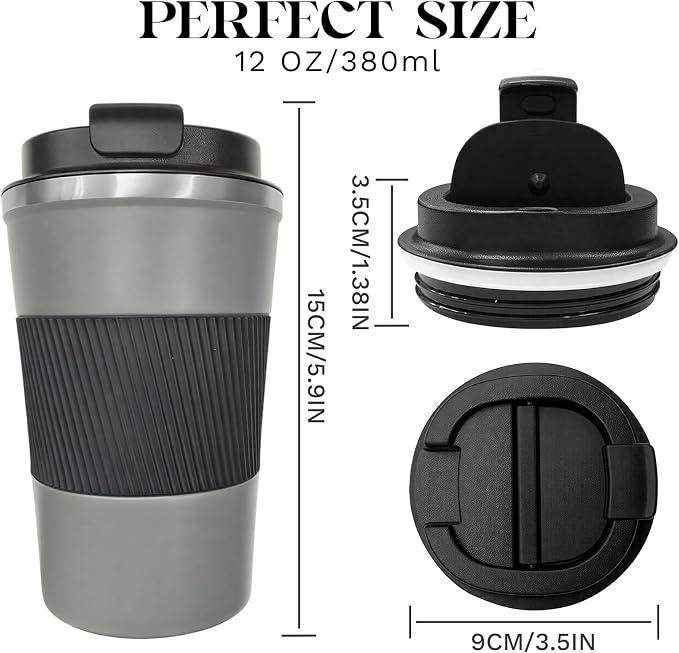 YINBAOGE Insulated Travel Coffee Mug, Spill & Leak Proof, Portable To Go Camping Stainless Steel Coffee Tumbler, Reusable Thermal Coffee Cup with Lid for Hot & Cold Drinks (Grey, 12 OZ)