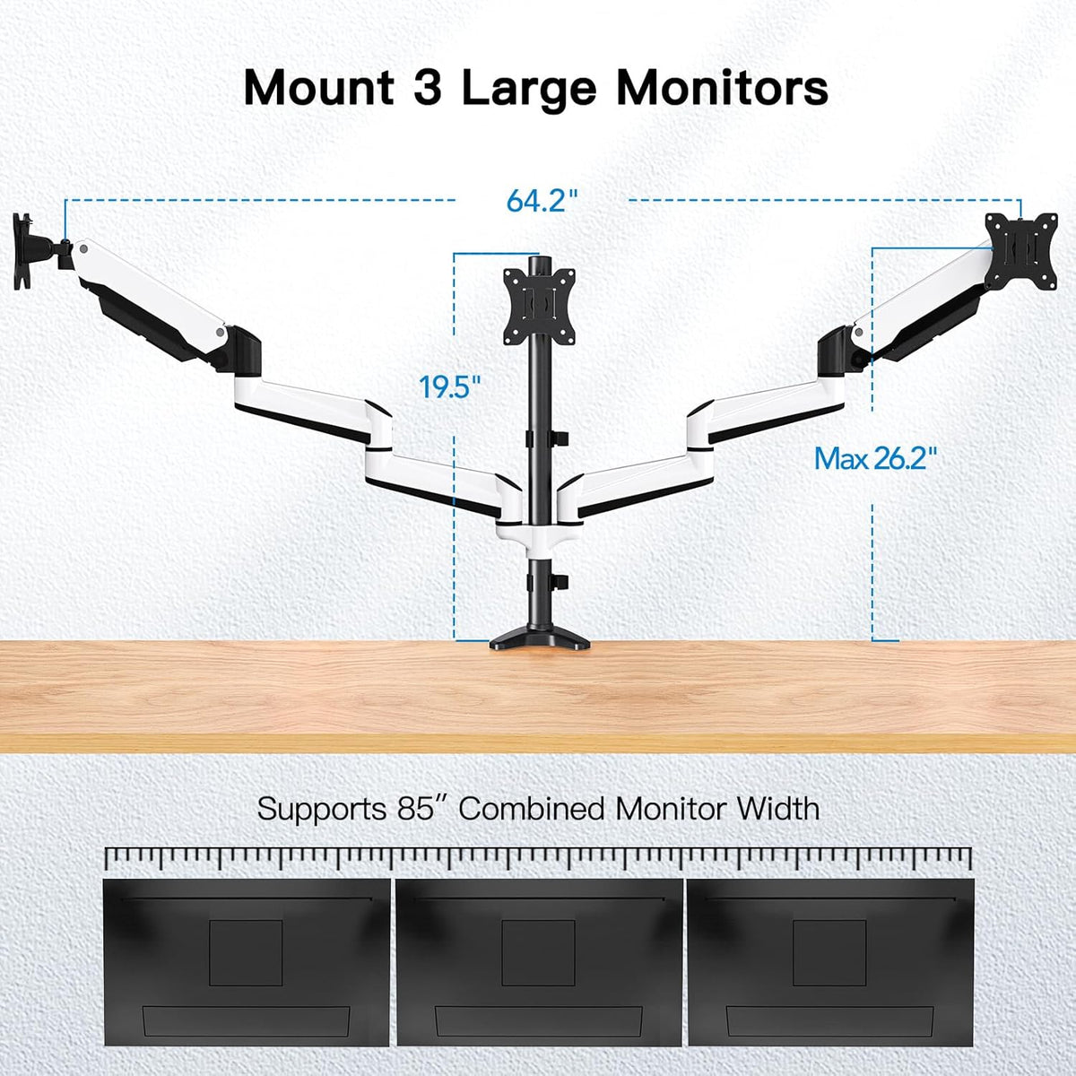 HUANUO Triple Monitor Stand - Full Motion Articulating Gas Spring Monitor Mount Fit Three 17 to 32 inch LCD Computer Screens with Clamp, Grommet Kit