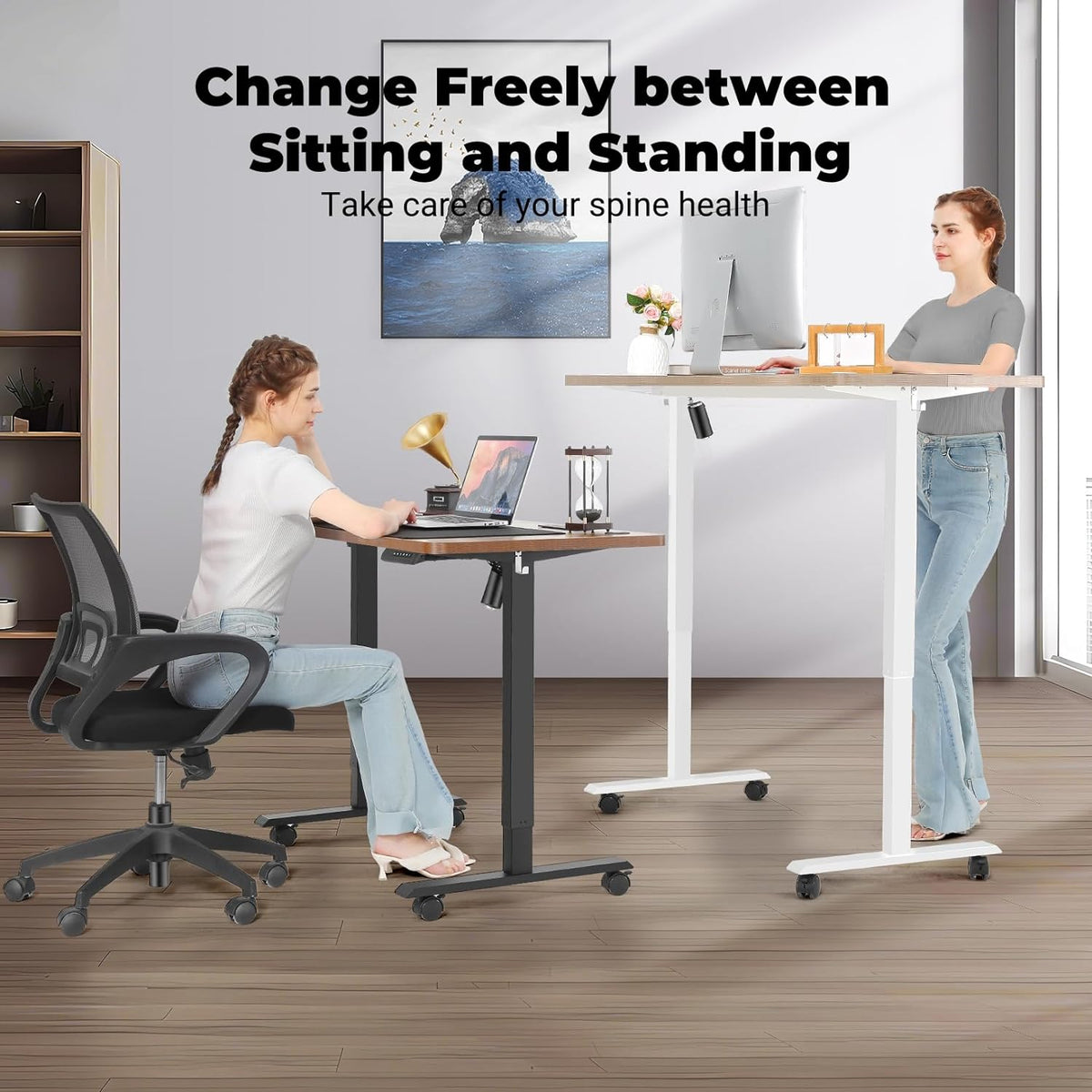 Electric Standing Desk 55 x 24 Inches Adjustable Height Ergonomic Sit Stand Up Desk Curved for Home Office Computer Workstation with 2 USB Ports 3 Power Outlets Memory Preset Wheels, Black