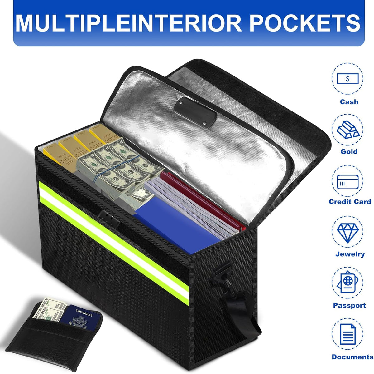 File Organizer Bag with Removable Folder Layers/Wallet,6500°F Fireproof Document Organizer with Lock&Reflective Strip,Portable Home Travel Safe Storage Box for Important Documents(14.1x9.5x4.2 inches)