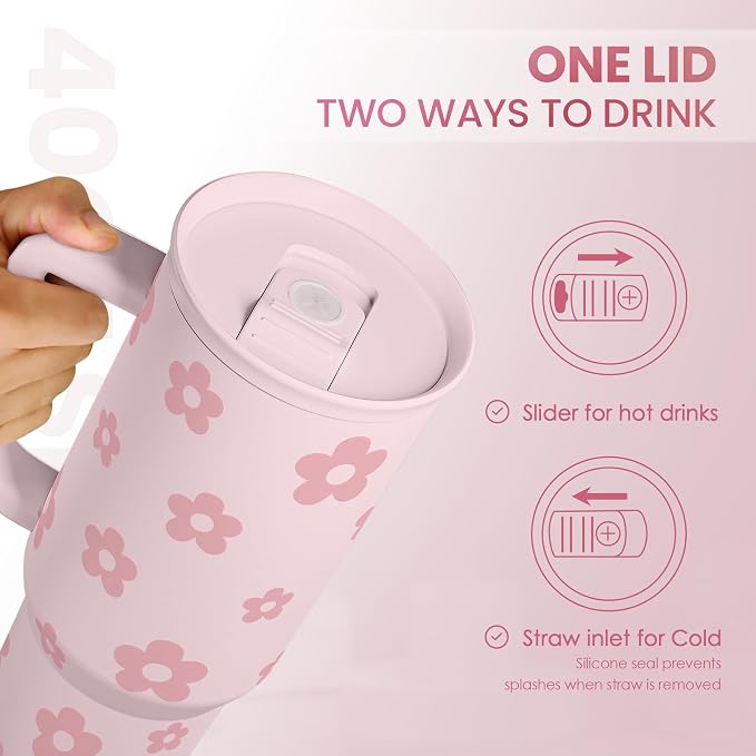 Floral Tumbler with Handle and Straw 40oz Stainless Sleel Slider Tumbler Travel Coffee Mug for Women - Gift Idea for Birthday Christmas