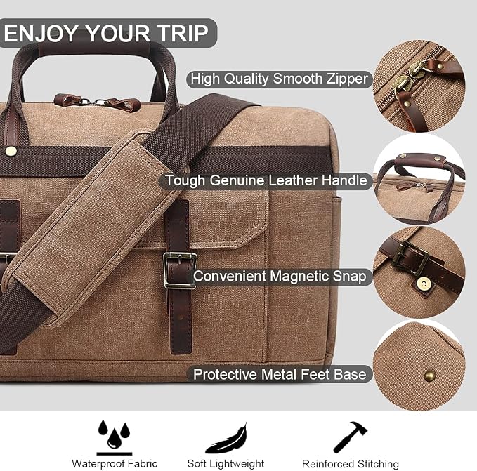 Duffle Bag for Men Waterproof Genuine Leather Canvas Travel Duffel Bags for