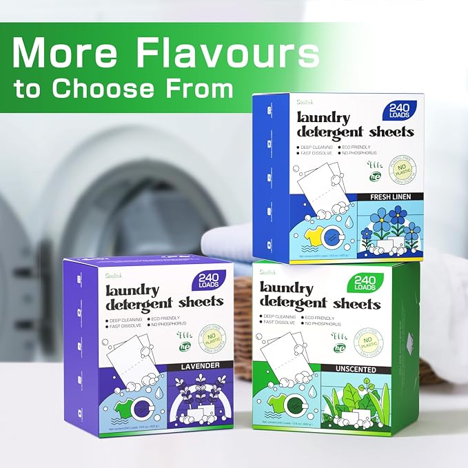 Soulink Laundry Detergent Sheets Unscented 240 Loads，Eco Friendly Detergent