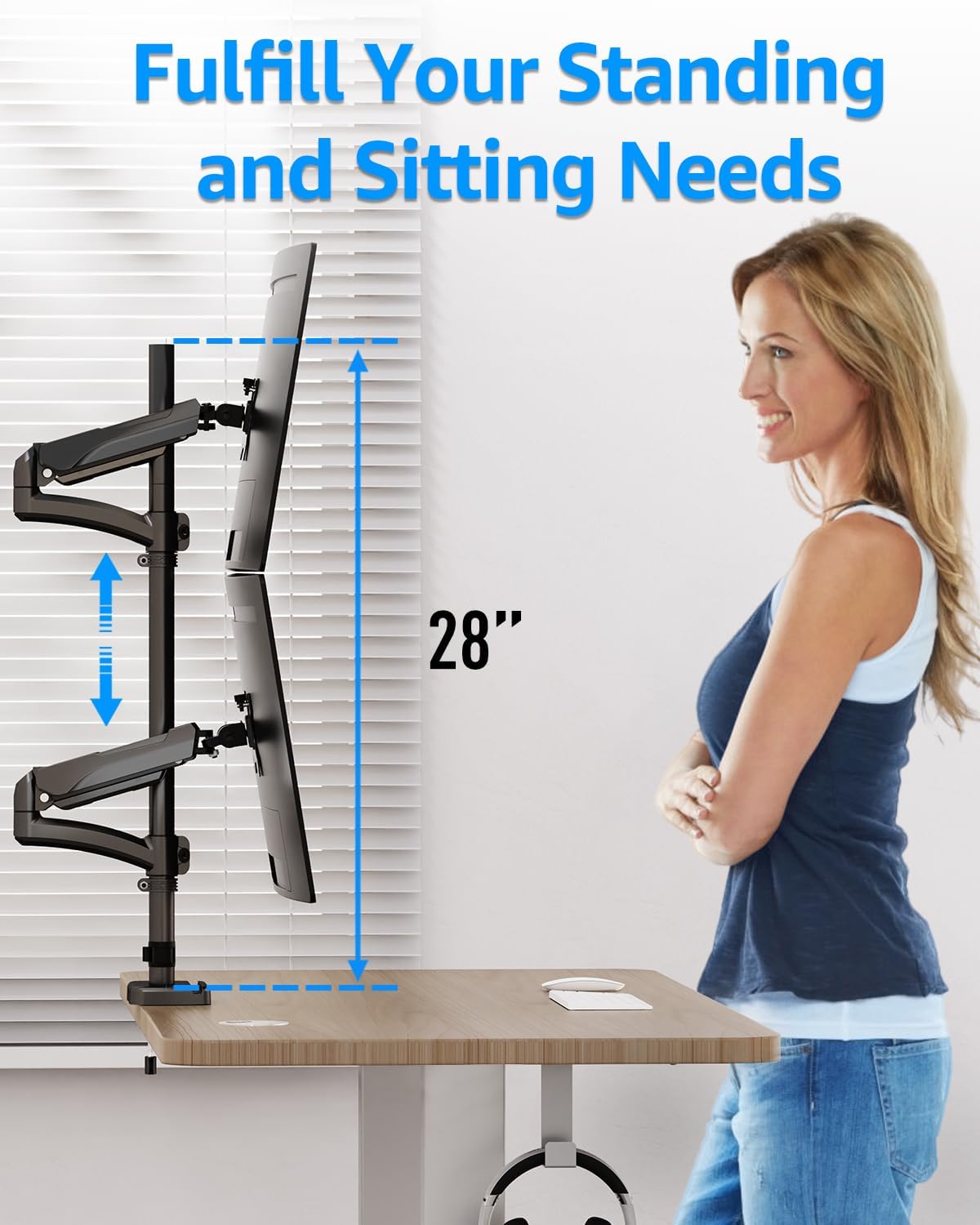 MOUNTUP Vertical Dual Monitor Mount Holds 4.4-17.6lbs, up to 32 Inch Stacked Monitor Mount with Gas Spring Arm with Clamp/Grommet Base Dual Monitor Stand for Desk, VESA 75x75/100x100 MU6012A