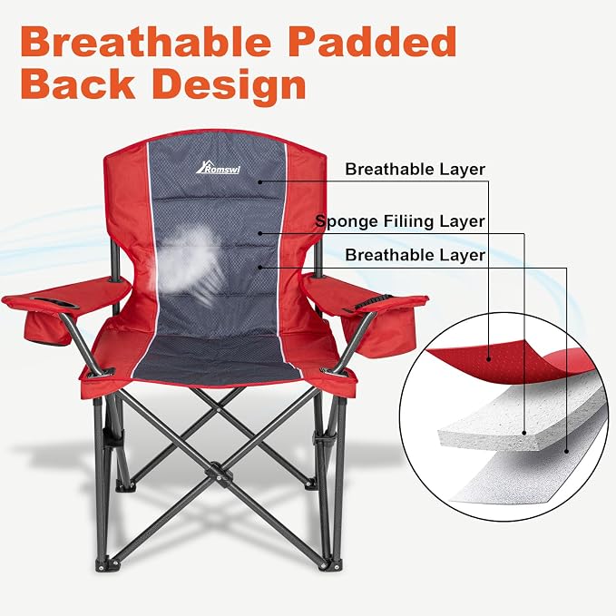 Romswi Oversized Camping Chairs, Heavy Duty Support 500 LBS, Padded Back & Arm