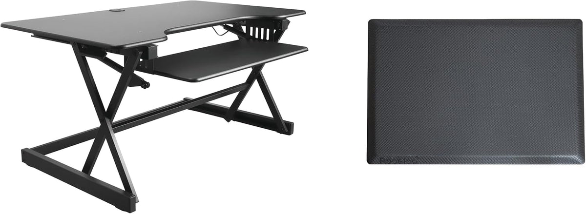 Rocelco 40" Height Adjustable Standing Desk Converter with AC Outlet USB Charger and Anti-Fatigue Floor Mat - Sit Stand Up Tabletop Riser - Sliding Keyboard Tray - Black (R DADRB-40-ACUSB-MAFM)