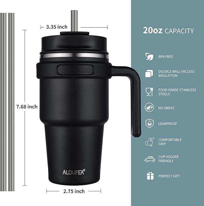 ALOUFEA 20 oz Insulated Coffee Mug Tumbler with Handle, Stainless Steel Travel Mug Tumbler with Lid and Straw,Double Wall Vacuum Leak Proof Ice Coffee Thermal Cup, Ocean Teal
