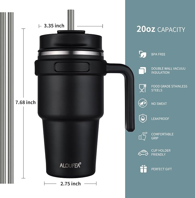 ALOUFEA 20 oz Insulated Coffee Mug Tumbler with Handle, Stainless Steel Travel Mug Tumbler with Lid and Straw,Double Wall Vacuum Leak Proof Ice Coffee Thermal Cup, Black