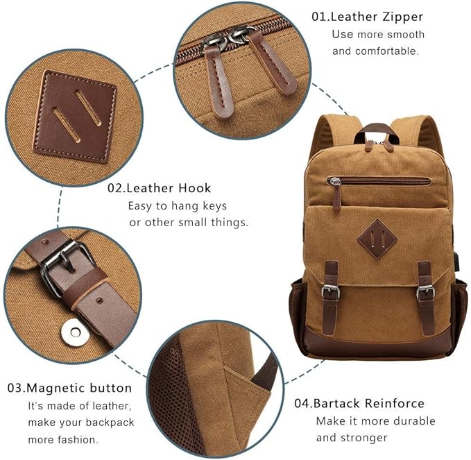 Canvas Backpack for Men Women, Vintage Rucksack Fits Most 15.6 Inch Laptop