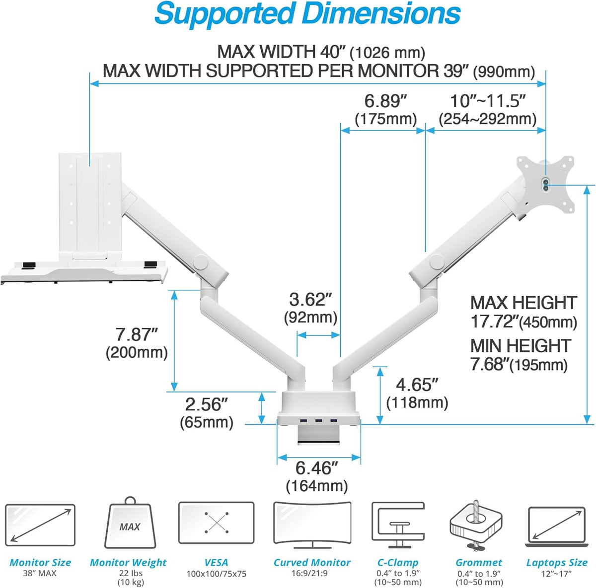 AVLT Dual 17”-38" Monitor Arm Desk Mount with 17" Laptop Tray and USB-C Docking Station, HDMI 4K60Hz, USB-A 5Gbps, Ethernet, 100W PD, Fits Two Flat/Curved Monitor - White