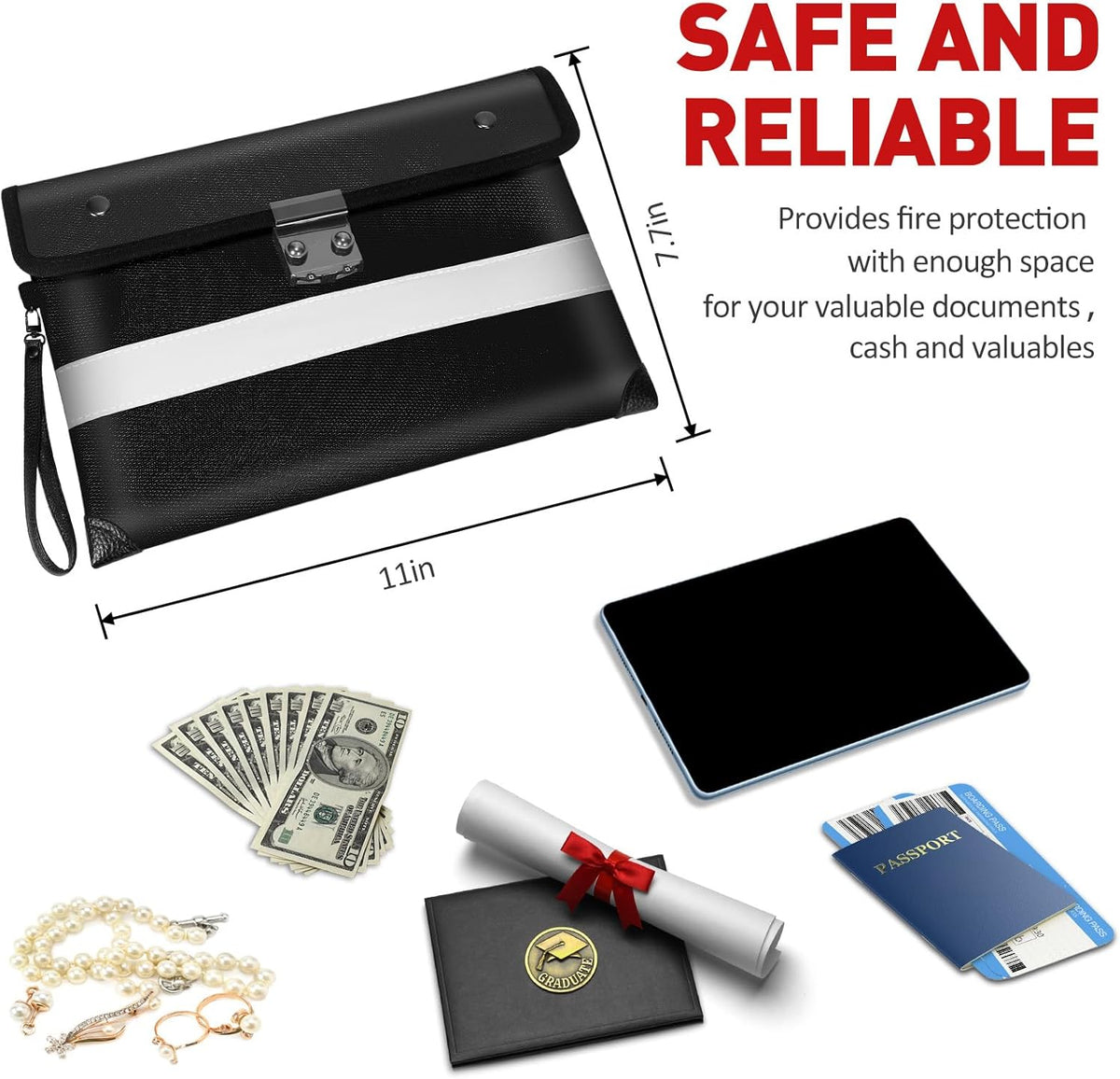 Vailoin Upgraded Lockable Fire Proof Money Bag for Cash,Locking Fireproof Envelope with Water Resistant Zipper,Fire water Proof Small Pouch with Lock,for Documents,Passport (11"x7.7",Black)