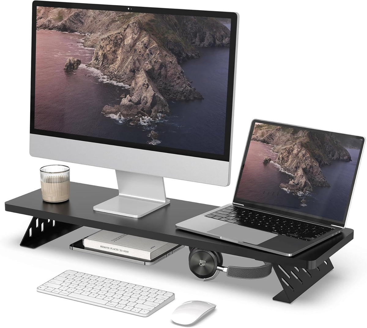 Fenge Monitor Stand Riser, Desk Top Shelf for 2 Monitors, Computer Stands for Desk, Wood & Steel Desktop Riser for Laptop, PC, Printer