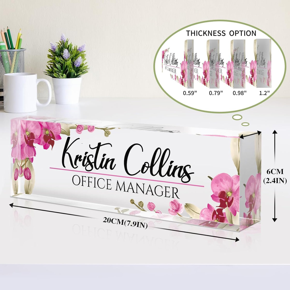 Custom Name Plate for Desk, Acrylic Office Decor For Women Men, Personalized Office Desk Accessories, Teacher Employee Appreciation Gifts For Social Worker Boss Coworkers (Flowers-2)