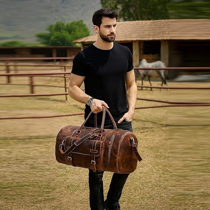 20 Inch Leather Duffel Bags for Men and Women Full Grain Leather Travel
