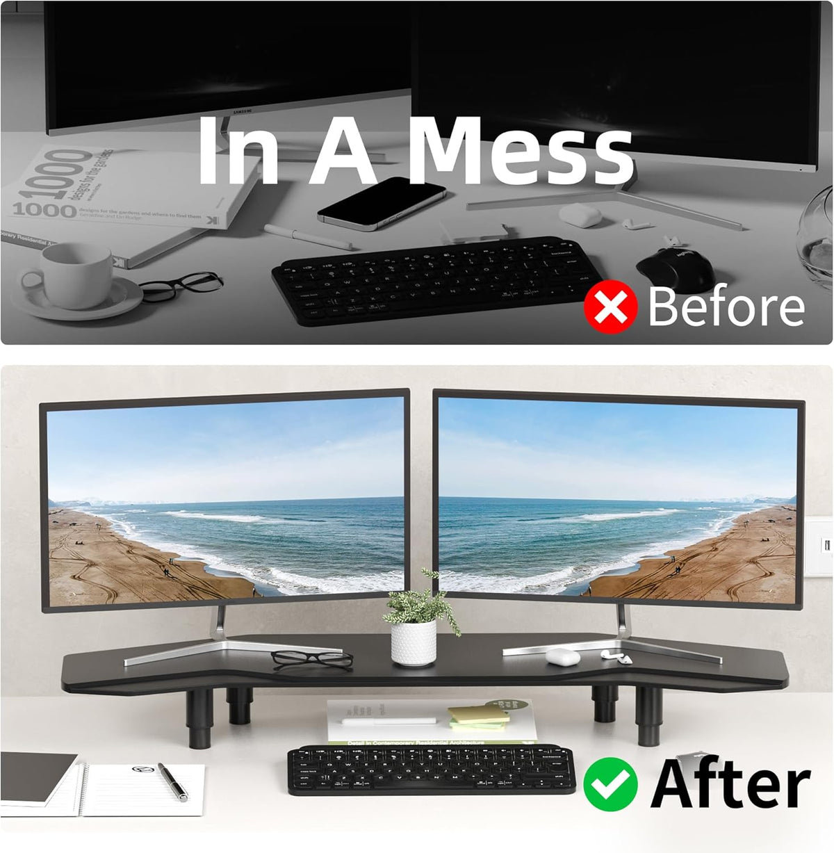 39.4 Inch Dual Monitor Stand Riser Black,Plane Wing-Shaped Sturdy Computer Desk Riser for 2 Monitors, Adjustable Length and Wood Monitor Stand for Laptop, Computer,Extra Long