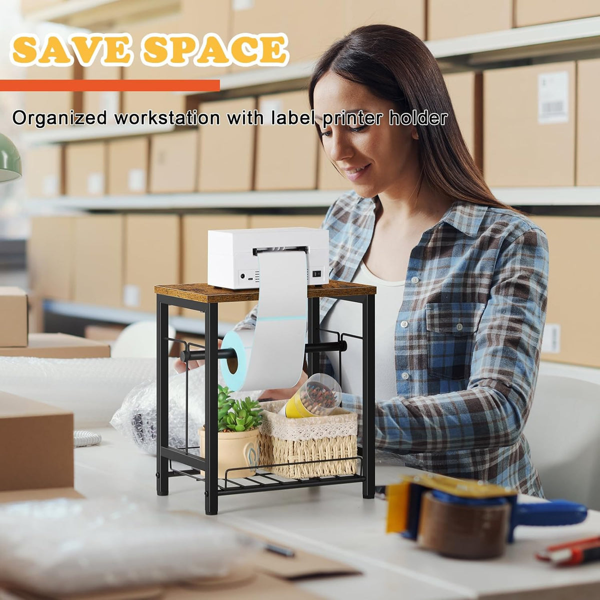 Label Holder Thermal Shipping Label Holder for Rolls & Fan-Fold, Sticker Roll Holder with Basket Desktop Label Roll Dispenser Accessory for Home, Office, Small Business, Rustic Brown