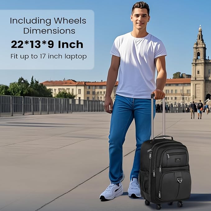 MATEIN Rolling Backpack with 4 Wheels, 17 inch Roller Travel Laptop Backpack