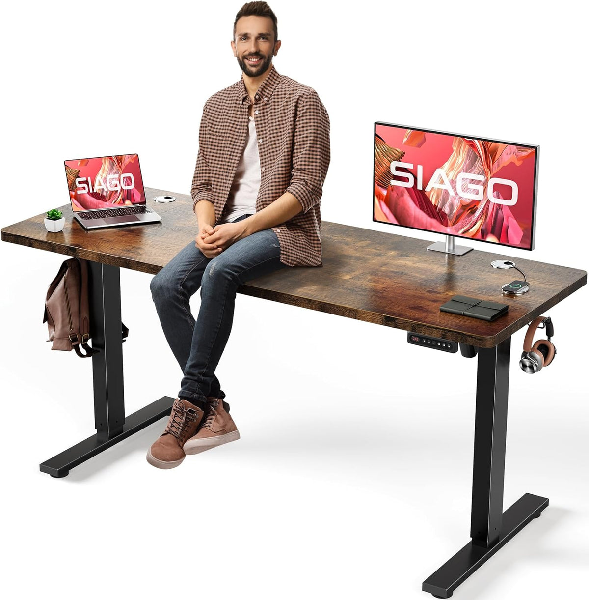 SIAGO Electric Standing Desk Adjustable - 63 x 24 Inch Sit Stand up Desk with Cable Management - 3 Memory Preset Adjustable Height Table