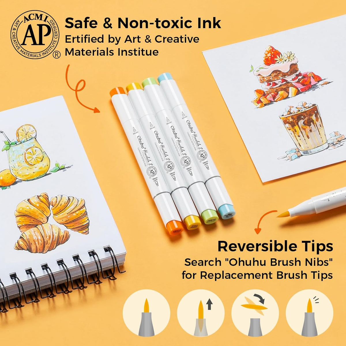 Ohuhu Alcohol Markers: Soft Chisel Red Dot Design Award Winner 48-color Brush & Soft Chisel Dual Tips Drawing Markers for Artists Beginners Adults Coloring Illustration Sketching - Honolulu S