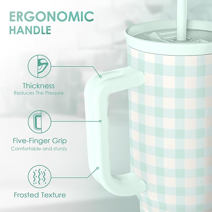 SANDJEST Mint Gingham 40oz Slider Tumbler with Handle and Straw - Insulated Stainless Steel Travel Coffee Mug for Women Girls, Gift for Birthday, Christmas