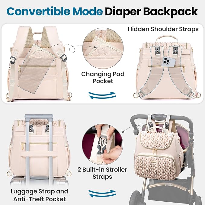 4 in 1 Convertible Diaper Bag Backpack, Waterproof Baby Diaper Bag