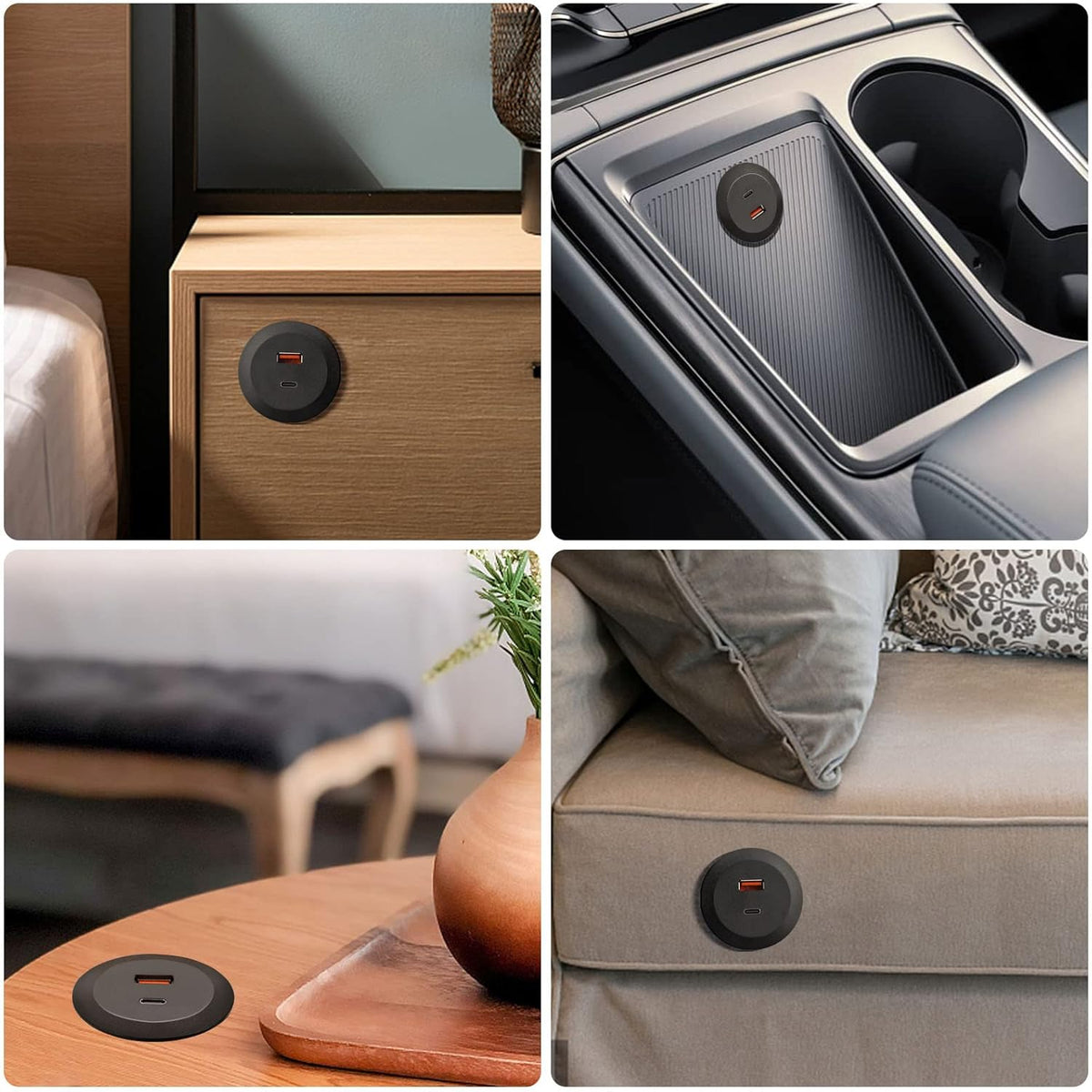 Desk USB Power Grommet Outlet, Built-in 1 USB-A and 1 USB-C Ports, USB Hub for Sofa, Couch, Table, Bedside, Workbench, Office, Home, 5 FT Power Cord