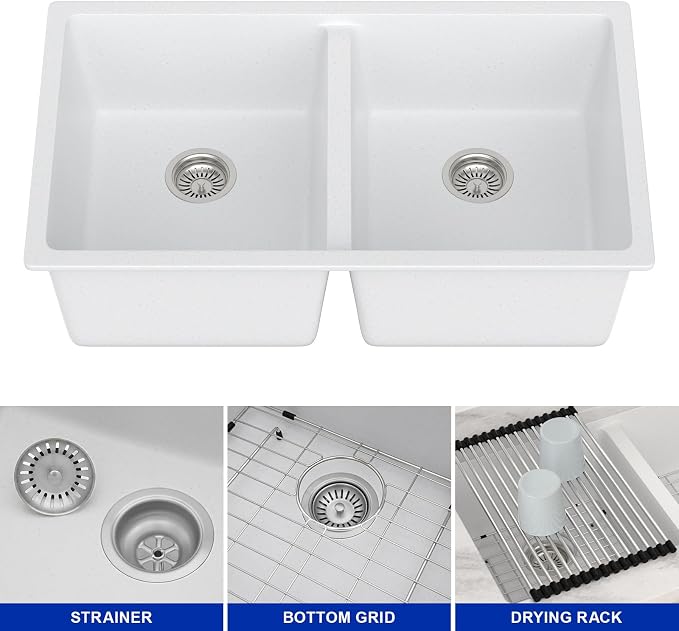 Dcolora 33 Inch Double Bowl Undermount Kitchen Sink White Deep Double Basin