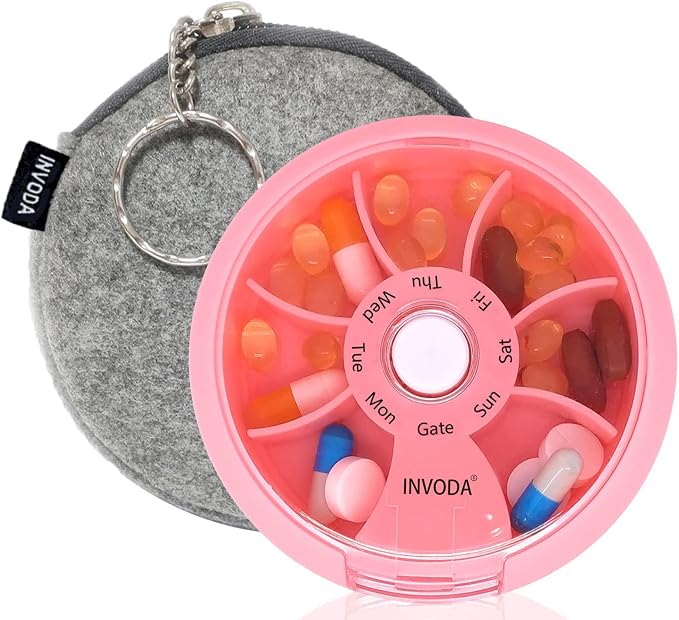 INVODA Weekly Pill Organizer 7 Compartment Rotating Pill Box