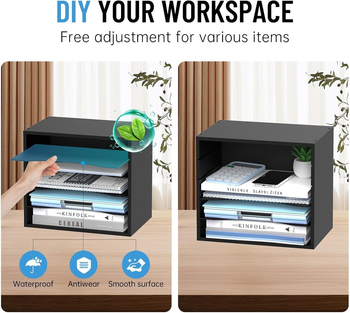 5-Tier Wood Desk Organizer, Paper Tray Organizer for Desk with Adjustable Storage Shelves, Desktop Paper Sorter Mail Holder for Office Home Classroom, Black