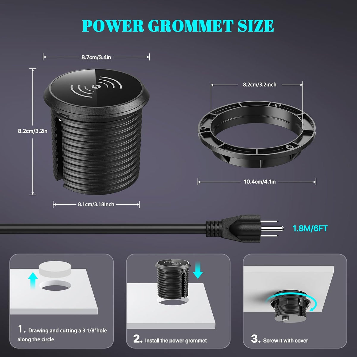XBA PD 20W USB C Desk Power Grommet with 15W Wireless Charger Cover, Recessed Power Strip with 18W USB A and 2 AC Outlets,Hidden Power Outlets with 6FT Cords for Office, Home, Conference(Black)
