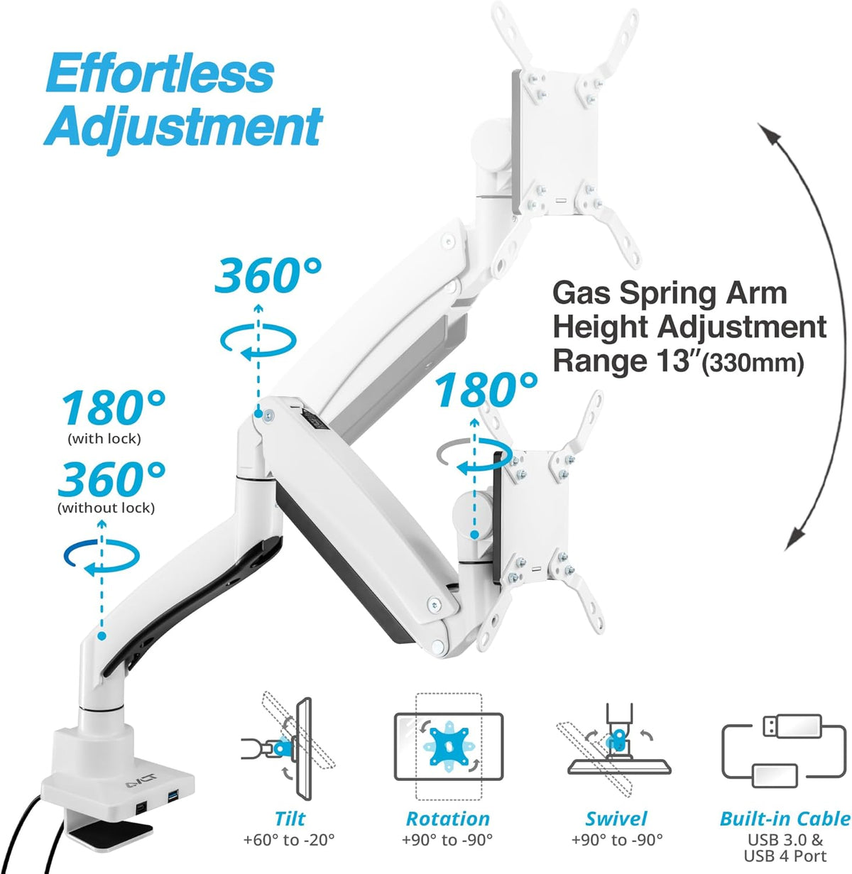 AVLT Single 17"-57" Super Ultrawide Monitor Arm for Screens Up to 59.5 lbs, Premium Aluminum Desk Stand, Adjustable Pneumatic Height, Full Motion Swivel Tilt Rotation, USB-C & USB-A Ports, White