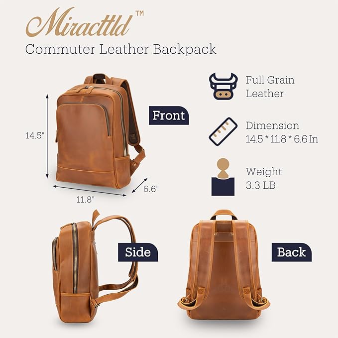 Leather Backpack for Men 15.6" Laptop Backpack 100% Madagascar top-Grain