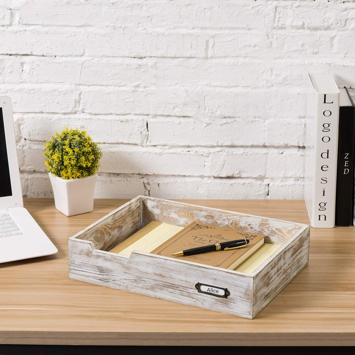 MyGift Rustic White Desktop Letter Tray - Shabby Whitewashed Wood Inbox Holder, Desk Paper File Folder Organizer Box with Metal Label