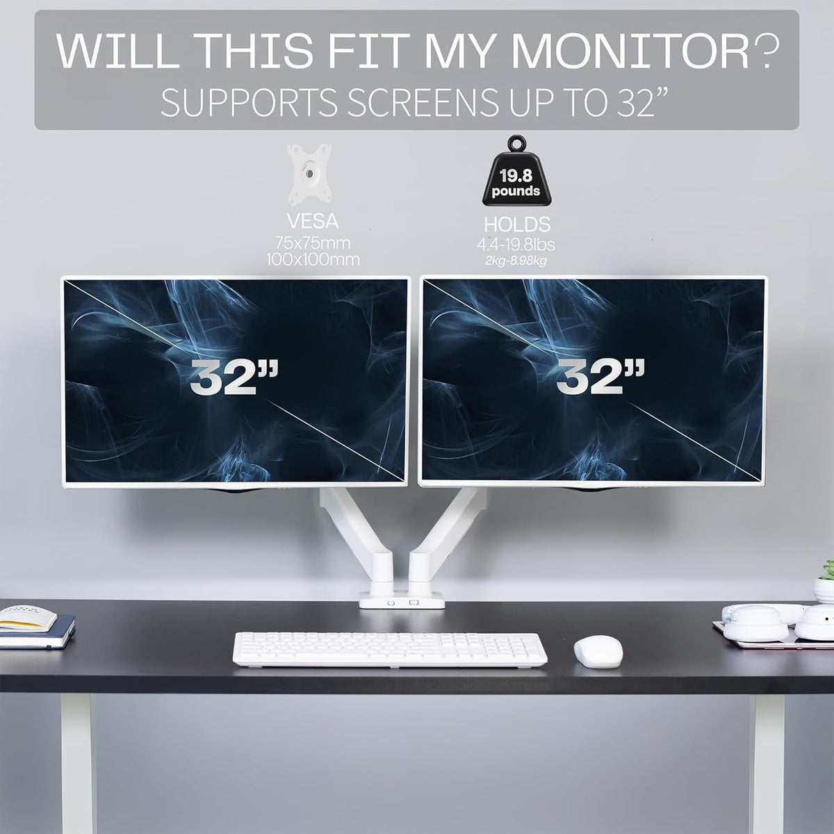 VIVO Dual Monitor up to 32 inches and 19.8 lbs per Screen, Mechanical Arm Desk Mount, Articulating Counterbalance, VESA Stand, Classic, White STAND-V002OW