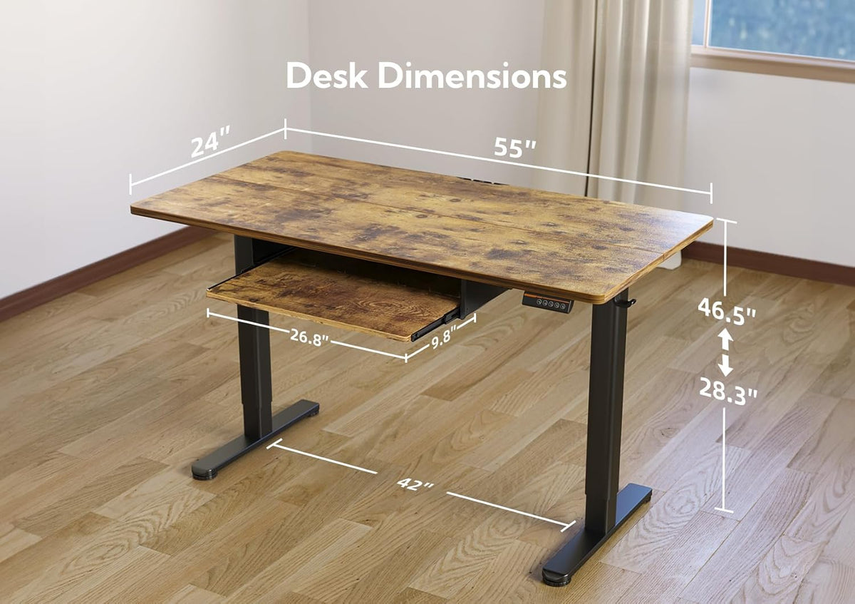 YDN Standing Desk with Keyboard Tray, 55 Inch Height Adjustable Desk, Brown Stand Up Desks for Home and Office, 55inch Rustic Brown