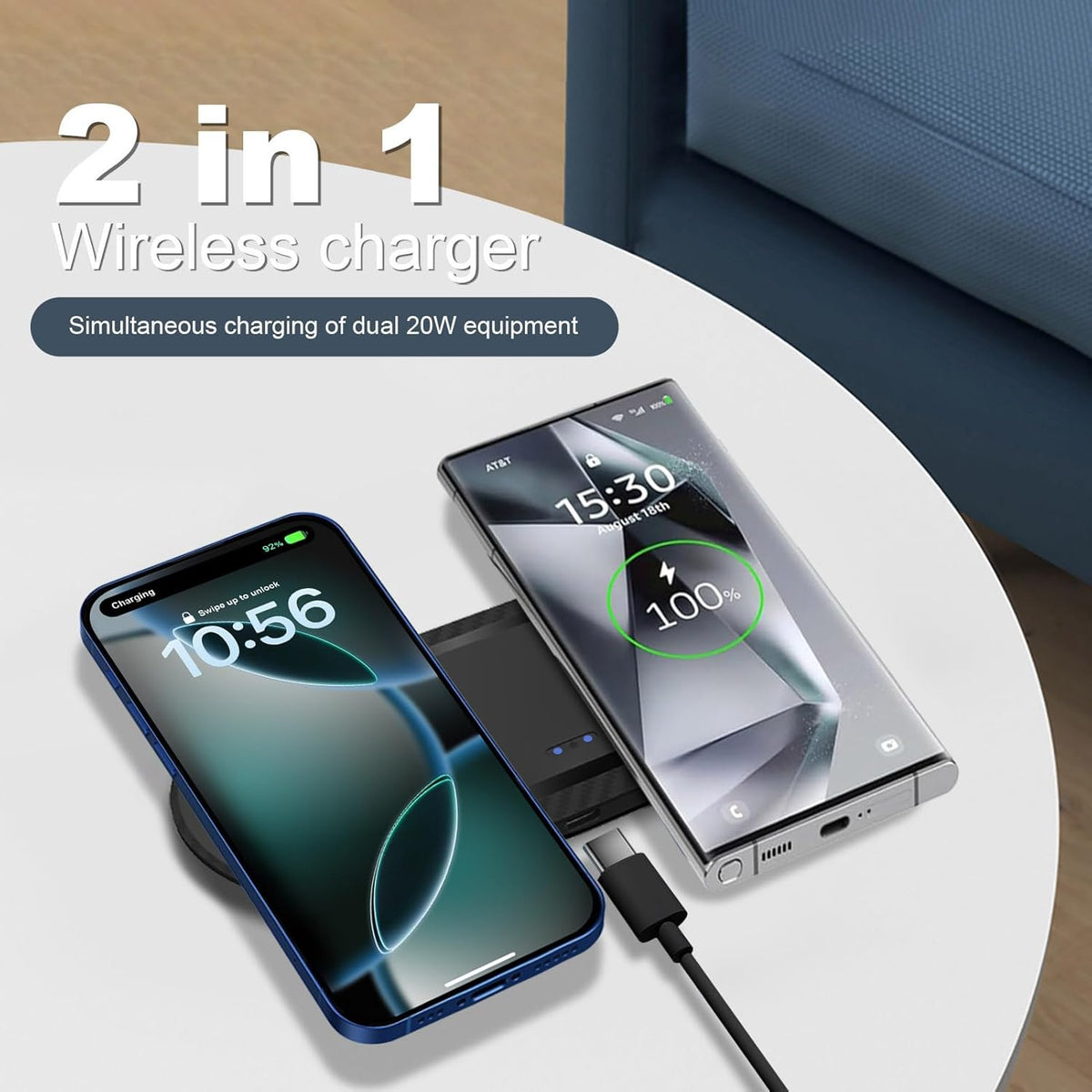 40W Wireless Charging Pad, Dual 20W Fast Wireless Charging Mat for iPhone 16 15 14 13 12 11/SE/X/XS,Apple Airpods 4/3/Pro,15W Wireless Charger Station for Samsung Galaxy S25/Buds (Black with dapter)