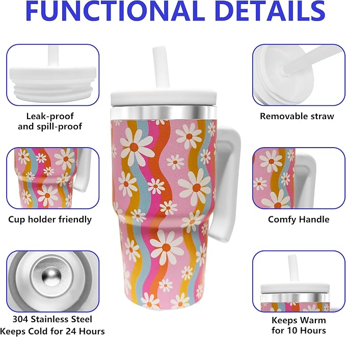 2PCS 20-OZ Insulated Water Bottle,Insulated Stainless Steel Tumbler,Reusable Cold Drink Thermos,BPA-Free, Double-Wall Stainless Steel Water Bottle (Pink-Rainbow Flowers, 20, Fluid Ounces)
