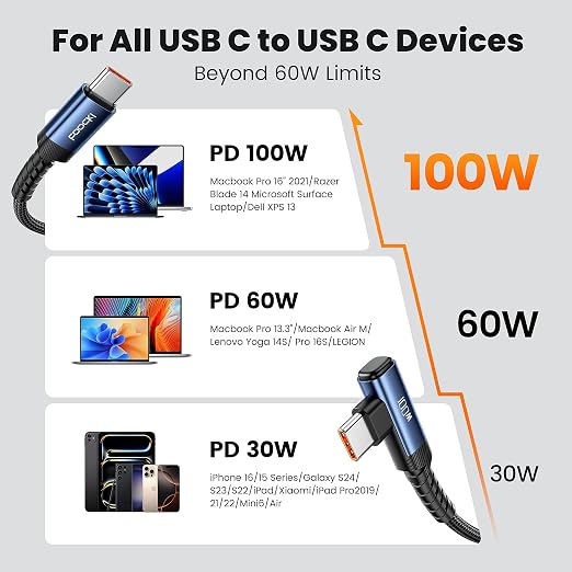 USB C Cable 10ft 100W Right Angle Fast Charging Cord, Nylon Braided USB 2.0