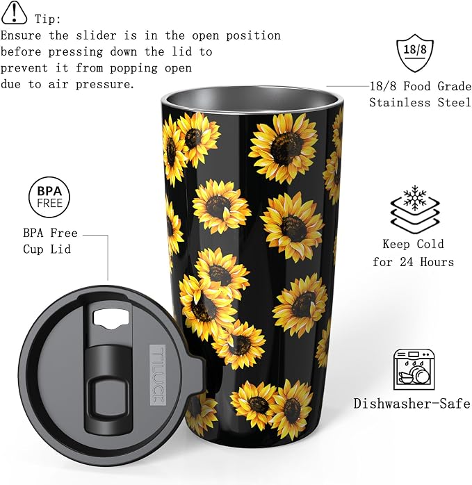 TILUCK 20 oz Insulated Tumbler with BPA-Free Lid, Stainless Steel Vacuum Travel Coffee Mug, Double Wall Coffee Tumbler for Cold Drinks（20oz，Sunflower）