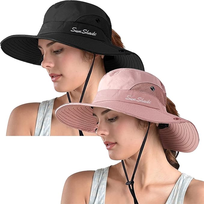 ZOORON Women's Ponytail Safari Sun Hat, Wide Brim UV Protection Outdoor Bucket