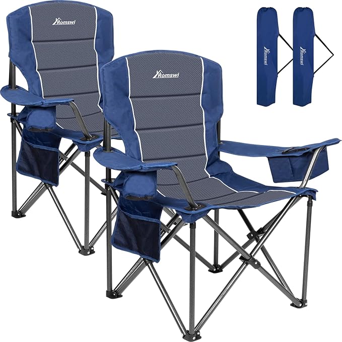 Romswi Oversized Camping Chairs, Heavy Duty Support 500 LBS, Padded Back & Arm