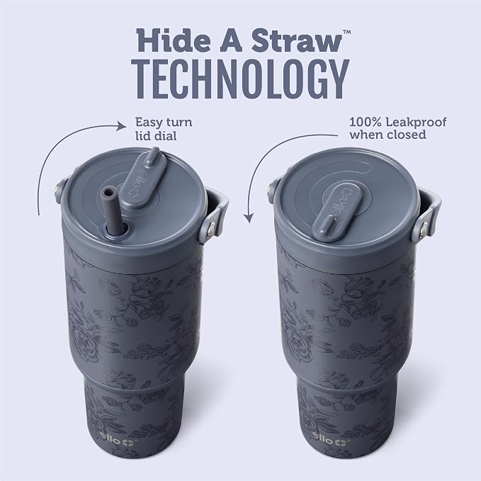 Ello Oasis Go+ 26oz Tumbler with Top Handle and Retracting Straw | Reusable Insulated Stainless Steel Cup, 100% Leakproof Water Bottle, 24 Hours Cold, Cup Holder Friendly For Travel | Rose Navy