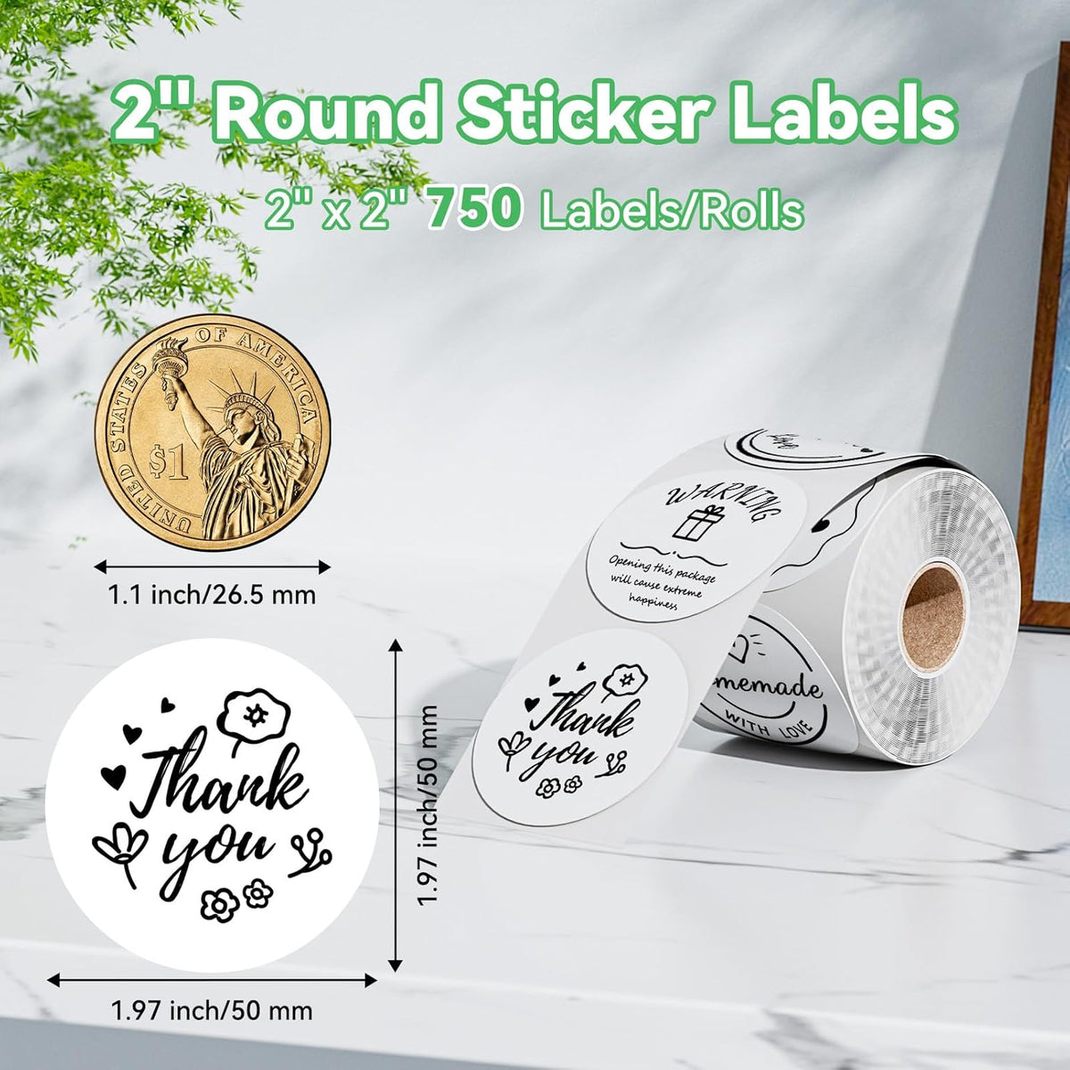 2'' White Round Thermal Labels, 750pcs Circle Thermal Printer Label, Multi-Purpose for DIY Logo Design, Name/Price Tag, Address, QR Code, 750 Labels/Roll