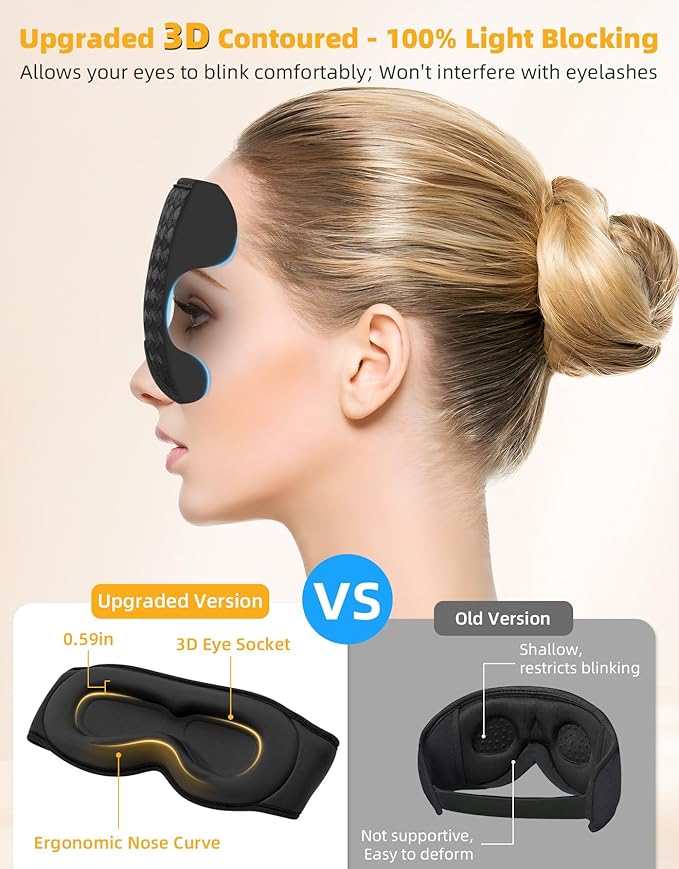 3D Contoured Sleep Mask with Bluetooth Headphones, Adjustable Blackout Sleeping